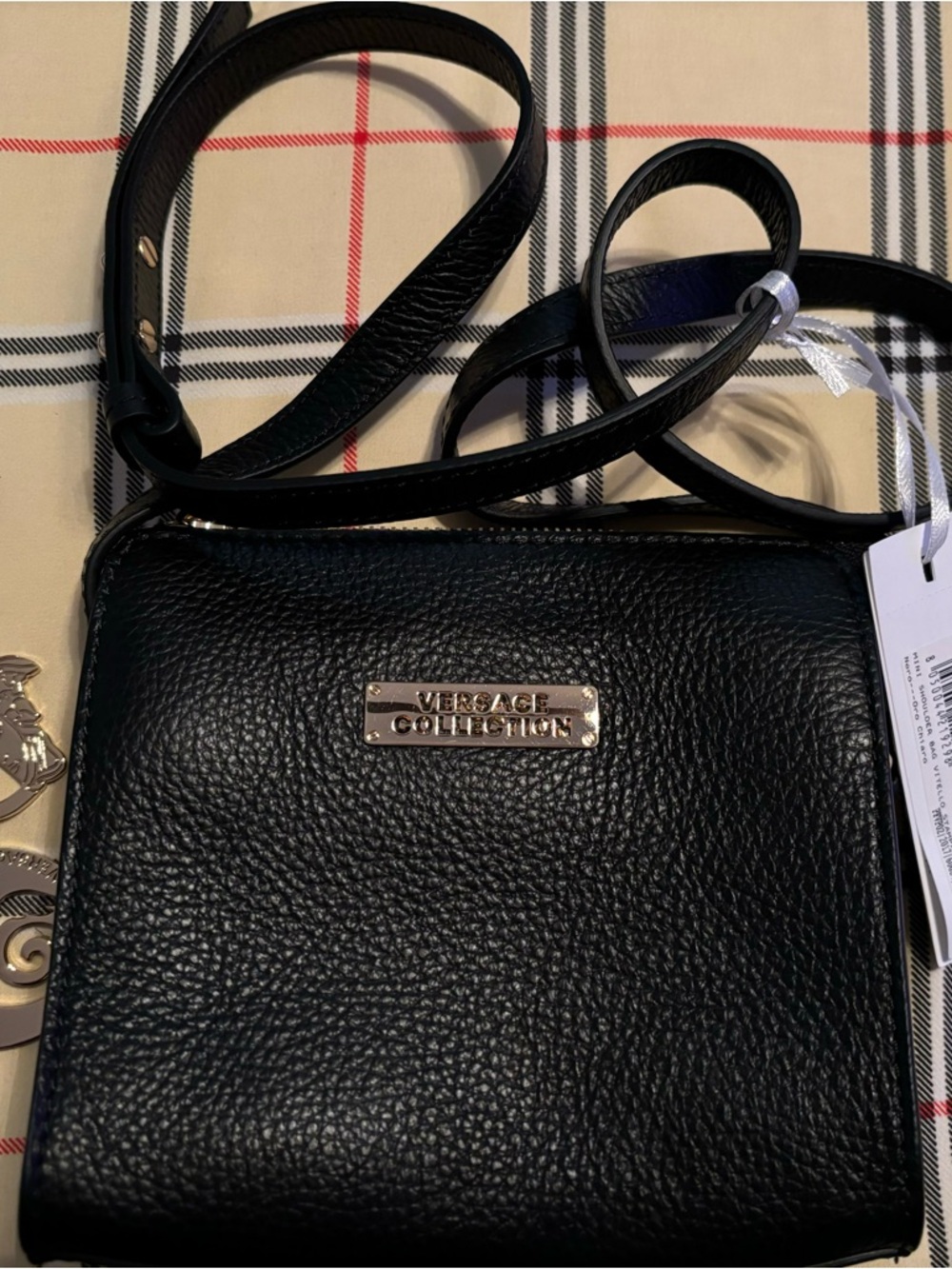 Versace Collection Black Pebbled Leather Crossbody with Logo Plaque